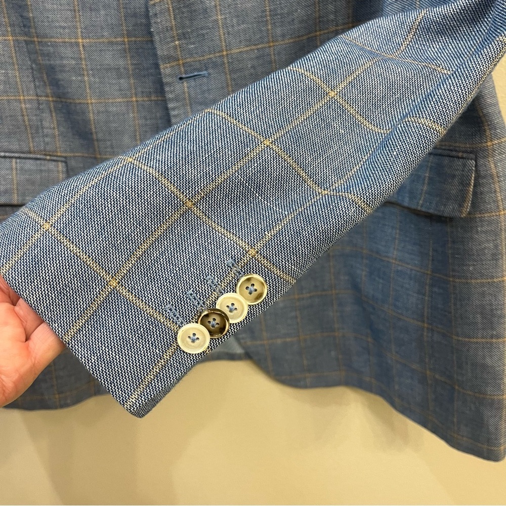 SAND Blazer Sz 46US Angelico Wool Linen Blue Windowpane Plaid Sport Coat - Picture 6 of 11